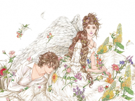 Angel Love - flowers, fantasy, white, wings, girl, angel, love