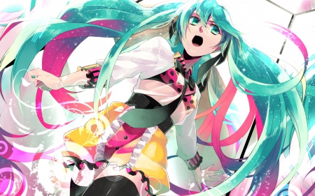 C'Mon - nice, beauty, female, music, singer, anime girl, pretty, cool, game, anime, miku, cute, hatsune miku, aime girl, twintails, long hair, green eyes, headphones, vocaloid, beautiful, sweet, awesome, smile, green hair, dress, lights