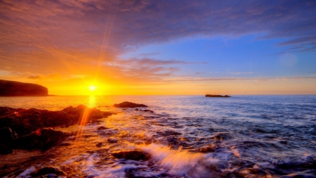 superb sunset - rays, sunset, shore, sea, rocks