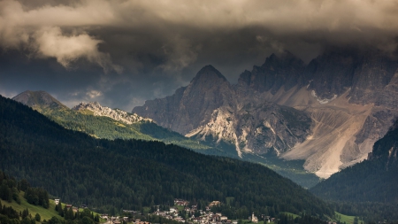 wonderful alpine village under summer storm - mountains, storm, forests, clouds, village