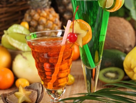 Cocktails - drink, fruits, cocktail, orange, green, drinks, cocktails, fruit