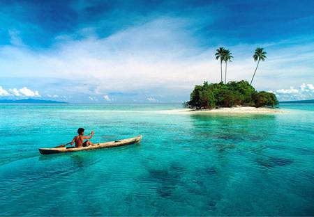 South Pacific - ocean, sky, islands, palms, tropical, wallpaper, nature, oceans, solomon islands, man, blue, canoe, new