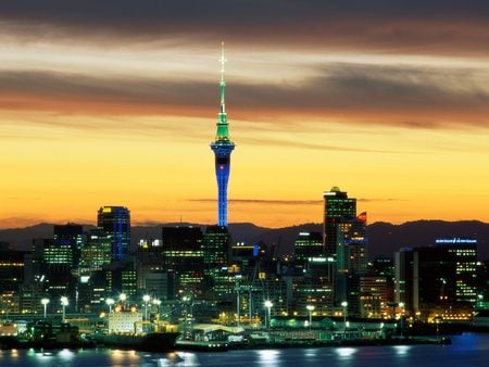 Aukland City - night lights, city, harbour, buildings, new zealand