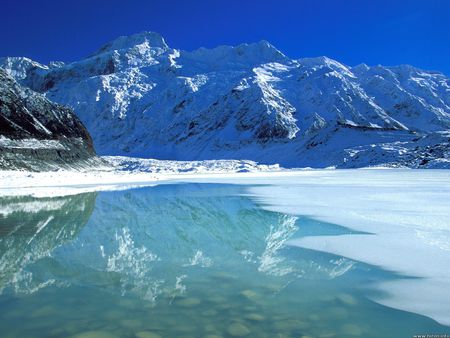 Mount Sefton - sky, lake, new zealand, mountain, winter, white, nature, moutains, reflection, snow, blue