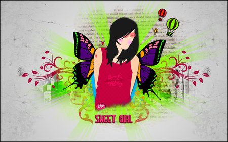 Sweet Girl Butterfly - vines, girl, city, winged, colored, wings, butterfly, balloons, sunglasses