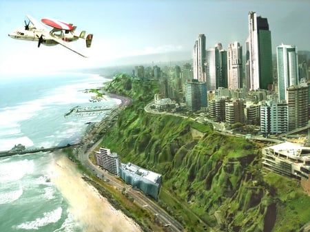 MORNING FLIGHT VIEW - fantasy, coast, flight, ocean, buildings