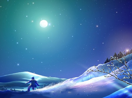 ENCHANTED EVENING - moon, winter, snow, shines, man