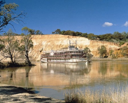 Paddle Steamer on the Murray River - river, trees, paddle steamer, mountains, australia