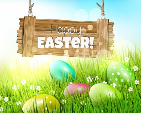 Happy Easter - easter, flowers, eggs, grass