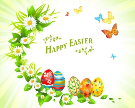 Happy Easter - easter, flowers, butterfly, eggs