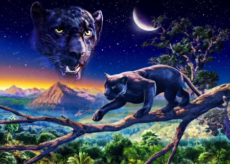 Spirit of Black Panther - nature, predator, cat, artwork, tree, mountains