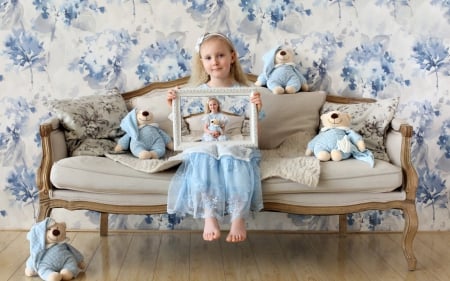 â™¥ - photomanipulation, sofa, girl, toy, child, blue, cute, frame, dress, blonde