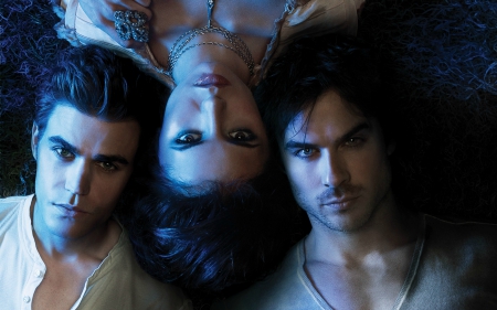 Vampire Diaries (2009-) - woman, nina dobrev, actress, girl, paul wesley, tv series, stefan, fantasy, ian somerhalder, dark, man, blue, damon, actor, vampire diaries, elena