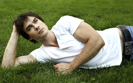 Ian Somerhalder - white, ian somerhalder, man, green, actor, vampire diaries, grass