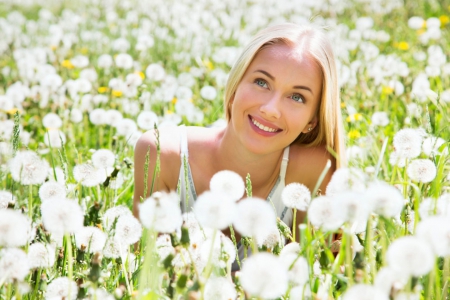 Spring Time - woman, beauty, outdoor nature, joy, field, white flowers, macro, flowers, smile, blonde