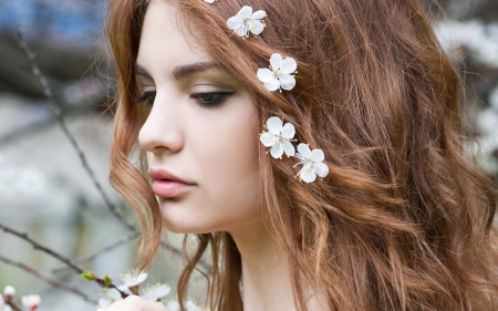 Spring beauty - face, flower, beauty, model, spring, girl, redhead, white, woman