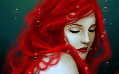 Mermaid - woman, redhead, girl, mermaid, water, green, bubbles, fantasy