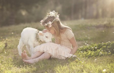 Cute Spring Scenery - spring, meadow, little girl, lamb