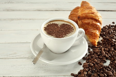 ♥Coffee♥ - heart, beans, coffee, breakfast, croissant, love, cup