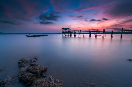 Sunset - sky, clouds, pier, sunset, sea, ocean, nature