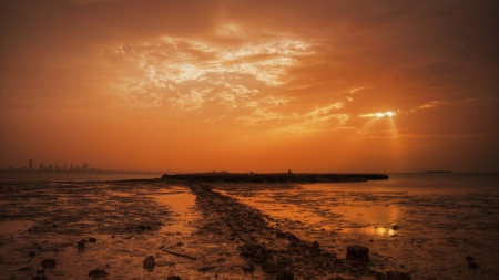 orange world - clouds, orange, city, shore, bay, mud