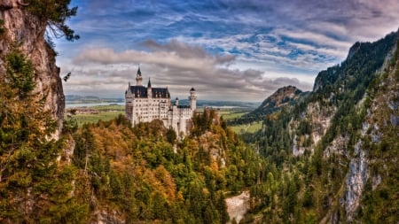 most magnificent neuschwanstein castle hdr - lake, mountains, forests, clouds, valley, castle, hdr