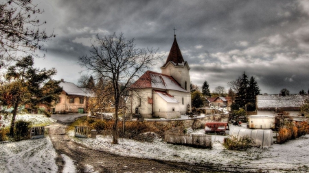 wonderful country village church hdr - village, church, clouds, hdr, road, country