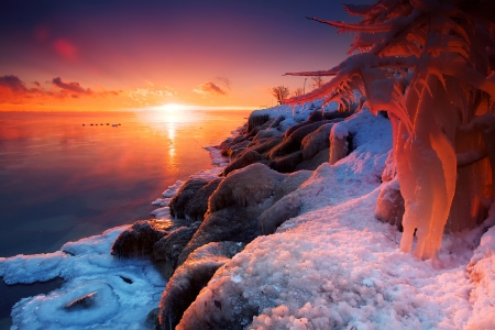 Frozen Coast Sunset - clouds, ice, winter, beautiful, sunshine, sky