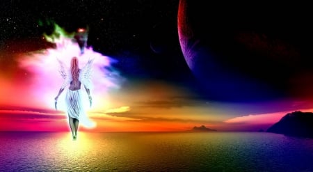 Magical night - moon, rainbow, white angel, angel, night, colorful night