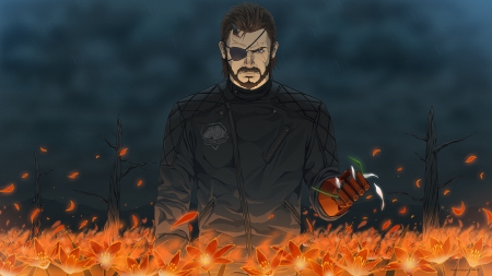 liked it wanted it as wallpaper - flowers, fire, metal gear solid fanart, big boss