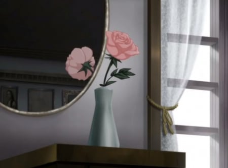 BP: Pink Rose - pretty, window, blossom, scene, reflection, pink rose, curtain, mirror, blood plus, nice, vase, bloodplus, beautiful, beauty, lovely, sweet, flower, rose, floral