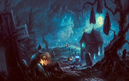 Halloween Night - air, spook, night, ghosts, kids, halloween, pumpkins, castle, misty