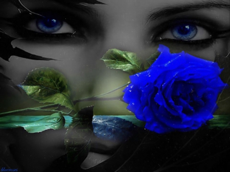 A rose without you... - roses, blue and grey, blue rose, black and white with blue and green color, blue eyes and blue rose, sad woman, two colours, brunnete blue eyes, loneliness, beautiful eyes with rose, woman with rose, beautiful face