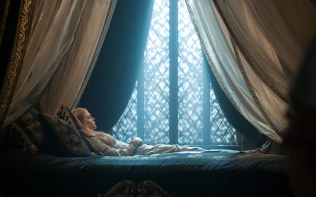 Maleficent (2014) - princess, actress, bed, tale, girl, movie, elle fanning, aurora, fantasy, maleficent, window, blue, disney