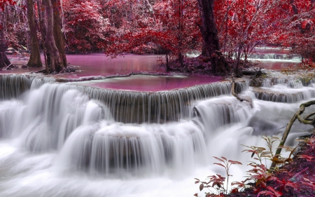 Waterfall - season, autumn, trees, water, waterfall, fall, forest, river, pink, colors, tree