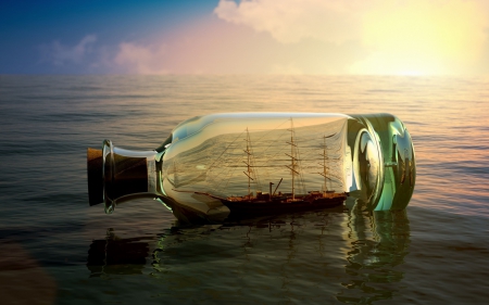 Lost ship - photomanipulation, beach, water, summer, bottle, lost ship