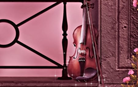 Violin - music, fantasy, instrument, violin, flower, art, pink