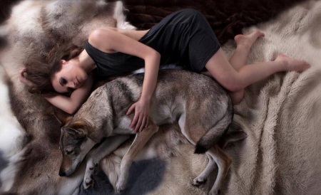 BFF - wolf, best friends, nature, lady, people, animals