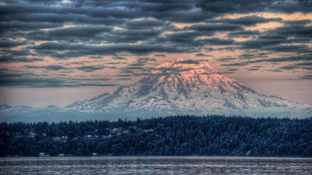 majestic mount rainier hdr - lake, clouds, village, mountain, hdr, snow