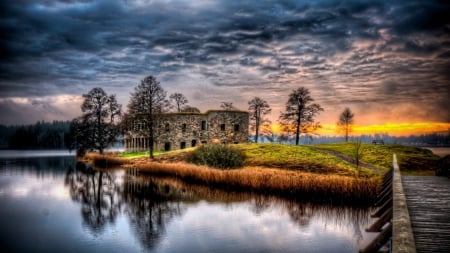 stone mansion on a lake island hdr - lake, mansion, island, bridge, stone, sunset, hdr