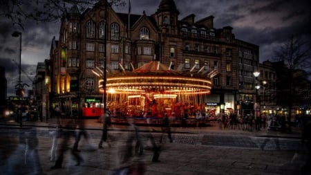 merry go round on a sidewalk in sheffield england hdr - street, lights, city, sidewalk, merry go round, night, hdr