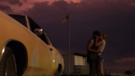 American Romance - kissing, flag, couple, romantic, car, american romance, hugging