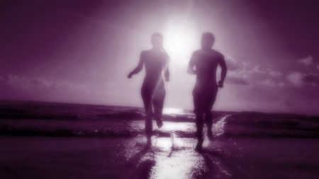 Couple running in the surf - love, ocean, purple, couple, romantic, romance, sunset