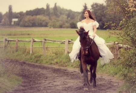 Country Girl - woman, horse, road, country, dress