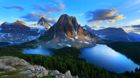 Sunrise Over Mount Assiniboine - alberta, lakes, forest, clouds, snow, beautiful, canada, sunrise