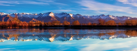 The Impressive Landscape of Lake Poaka - lake, trees, new zealand, mountain range, winter, snowy peaks, reflections, beautiful, clouds, sunrise