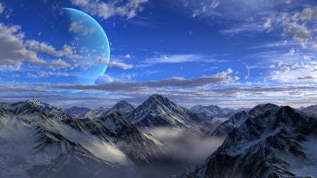 HIGHLANDS - sky, planets, clouds, blue, fog, mountains, mist