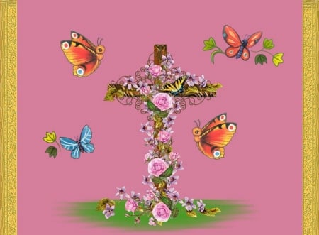 CROSS PINK - cross, roses, pink, flowers, butterflies