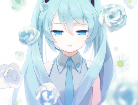 Hatsune Miku - female, twintail, anime girl, rose, miku hatsune, anime, miku, twin tail, hatsune miku, girl, sad, twintails, long hair, hatsune, vocaloids, sorrow, blue hair, hd, twin tails, floral, vocaloid, blue, flower