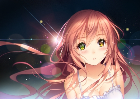 Blushing - magic, anime girl, face, game, sparks, cool, adorable, blushing, light, long hair, long hiar, glow, beautiful, sweet, blush, nice, beauty, femalr, sky, female, fantasy, brown hair, glowing, pretty, anime, cute, yellow eyes, stars, girl, lovely, hd, green eyes, kawaii, awesome, lights